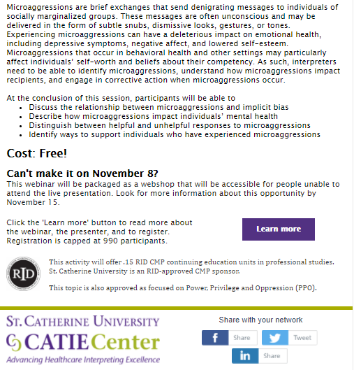 ASLinterpretIC's tweet image. Workshop opportunity: "Addressing Microaggressions and Discrimination."

Monday, November 8th, 2021.

6:30 - 8P EST

More details and to register: healthcareinterpreting.org/november-8-web…