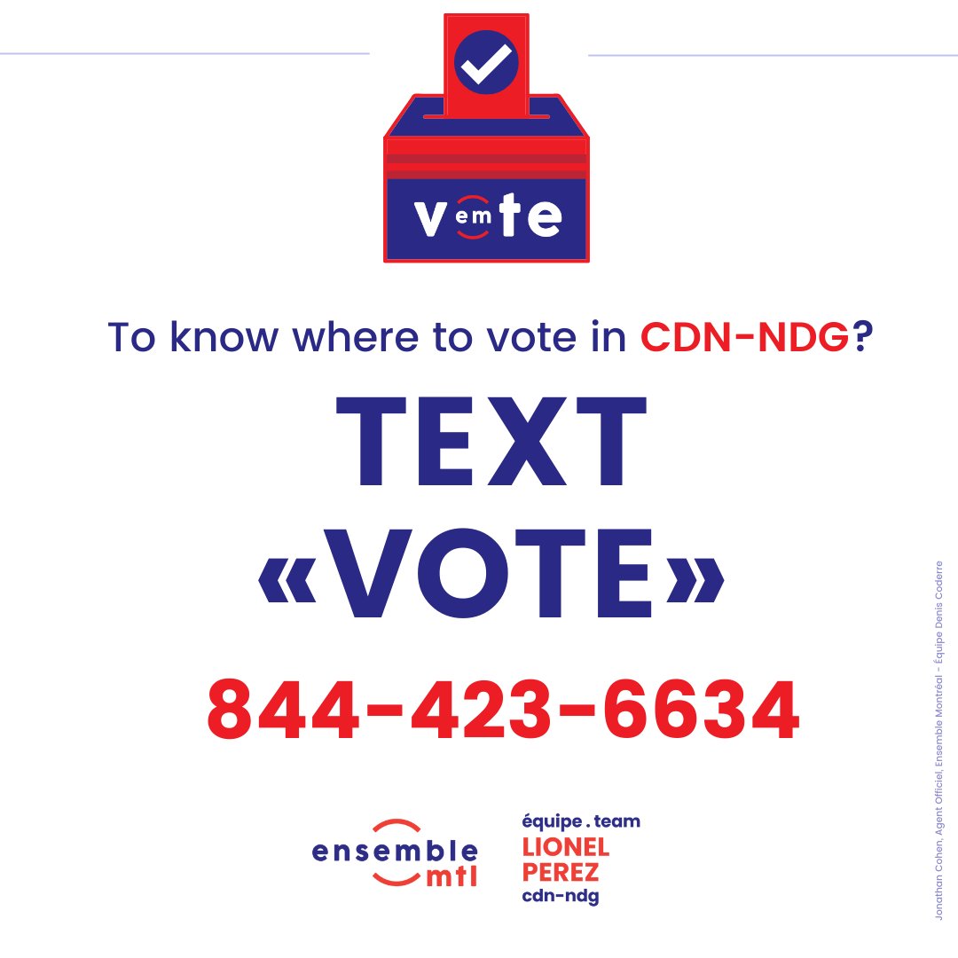 ashleytndg's tweet photo. 📍To know where to vote in #CDNNDG
📱TEXT «VOTE»  @ 844-423-6634

📍Pour savoir où voter dans CDN #NDG
📱TEXTEZ «VOTE»  au 844-423-6634

#ensemblecdnndg https://t.co/4uILWRFcDo