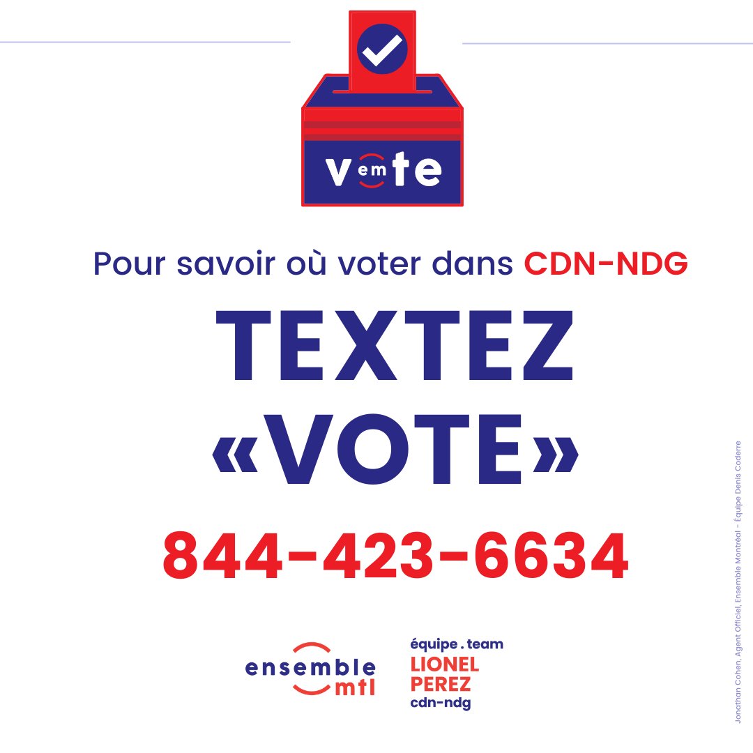 ashleytndg's tweet photo. 📍To know where to vote in #CDNNDG
📱TEXT «VOTE»  @ 844-423-6634

📍Pour savoir où voter dans CDN #NDG
📱TEXTEZ «VOTE»  au 844-423-6634

#ensemblecdnndg https://t.co/4uILWRFcDo