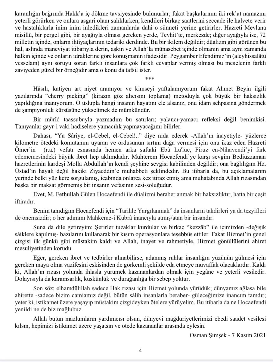 "Düalizm, Ahmet Dönmez’in Yazıları ve M. Fethullah Gülen Hocaefendi"
Son yazılıp çizilenleri okuyunca, özellikle de “Hocaefendi ve Fethullah Gülen” ayırımı içeren cümleleri duyunca, birkaç paragrafla da olsa düşüncelerimi özetlemeyi gerekli gördüm.