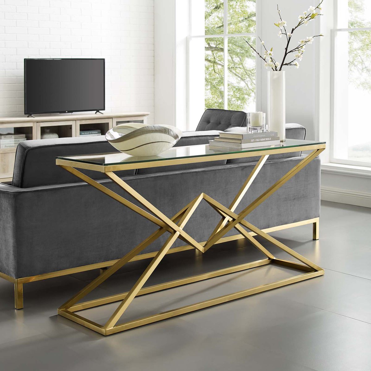 SevenColonial's tweet photo. Statement piece - the "Point" brushed stainless steel console table with matte gold finish is welcome in any #homedecor or #interiordesign. Find ALL our table selections here - https://t.co/1UQEo4nVwb Helping to make your holidays happy, healthy, and homey. https://t.co/NqhOOxzlFV