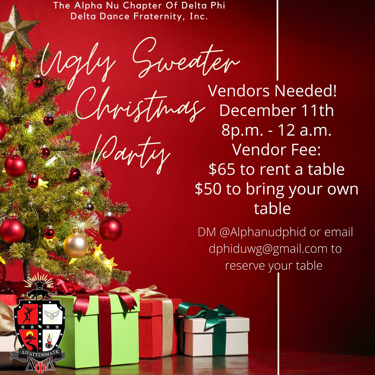 uwgDPHID's tweet photo. It’s Holiday season, and Alpha Nu wants to bring everyone together for a jolly ole time✨
We are currently accepting Vendors for our Ugly Sweater Christmas Party, December 11, 2021. We will be accepting vendors until December 3, 2021.
#UWG #DPhiD #Christmas2021 #Atlanta https://t.co/mcIsq76dW2