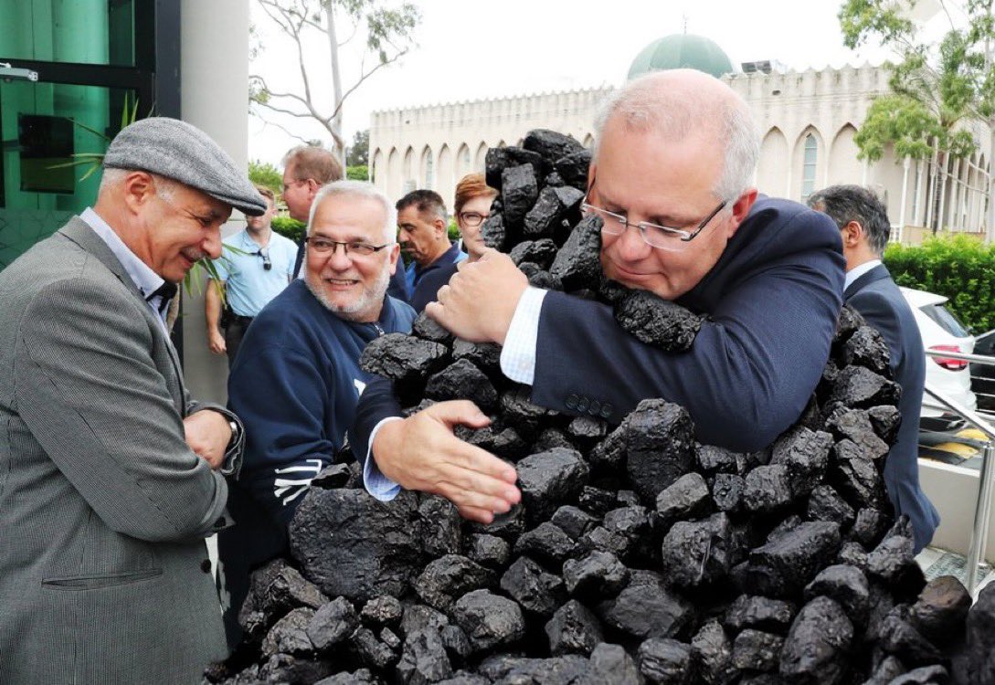 tonypeck51's tweet photo. I think this photo sums Morrison and his ‘government’ up. They have not even arrived at the ‘Blah Blah Blah’ stage of other Nations. No  more than the most basic pretence that they’ll act on climate, but full on cuddle for fossil fuels. 
#CodeRedClimate https://t.co/iq2NmTTKgu