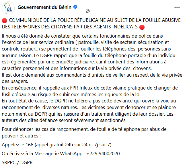 gouvbenin's tweet photo. 🔴 COMMUNIQUÉ DE LA POLICE RÉPUBLICAINE AU SUJET DE LA FOUILLE ABUSIVE DES TÉLÉPHONES DES CITOYENS PAR DES AGENTS INDÉLICATS 🔴

Pour faire les dénonciations,
Appelez le 166 (appel gratuit 24h/24 et 7j/7). 
Ou écrivez sur WhatsApp:+22994002020
Merci aux internautes pour la veille https://t.co/80DcGBtl6L