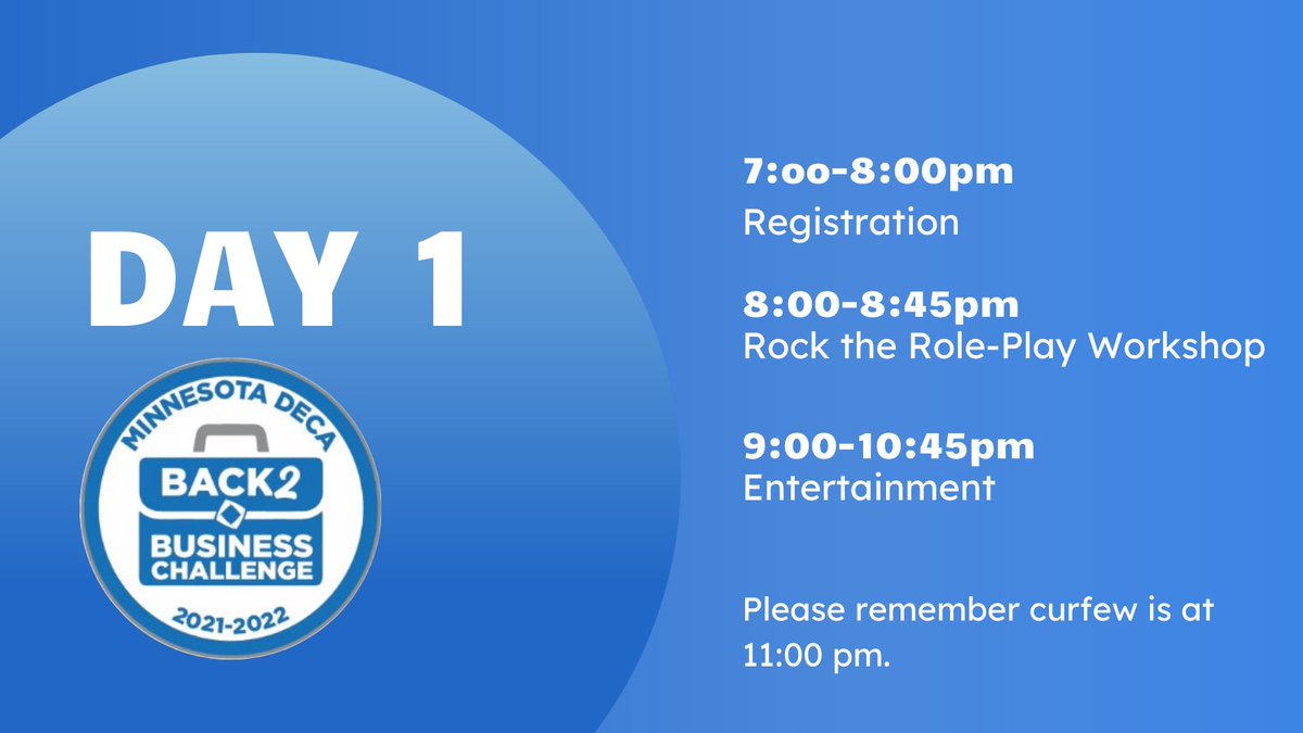 mndeca's tweet image. Happy FLC Day 1, Minnesota DECA! Take a look at what’s in store for tonight. #B2BChallenge