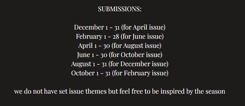 acoupofowls's tweet photo. SUBMISSIONS UPDATE
From December we will be following the below schedule (if you are unable to view the image, please see our threaded tweet). 

Our next #submissionsopen will be December 1st to 31st. This will be open for stories for our April 2022 issue. Get scribbling! https://t.co/DoHGkGSJjQ