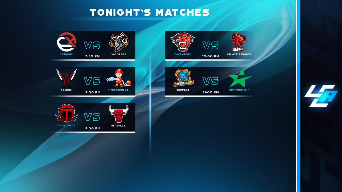 LCABroadcasting's tweet photo. Tonight's matches covered by LCA! 🚨
⚔️ @CarbonX_GG vs @Valorsgg
🎙️ @Thatwearwolf1
⚔️ #Ascend vs #HydrationStation
🎙️ @Thatwearwolf1
⚔️ @TeamOmegaGames vs #95Bulls
🎙️ @AngelOfBattle07
1/2 https://t.co/l3ChAR200z