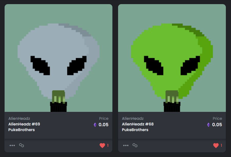 Alien7Headz's tweet photo. AlienHeadz collection, RARE PukeBrothers edition NOW listed on OpenSea! #NFT #NFTs #NFTCommunity #Polygon https://t.co/gNBCsCus2z