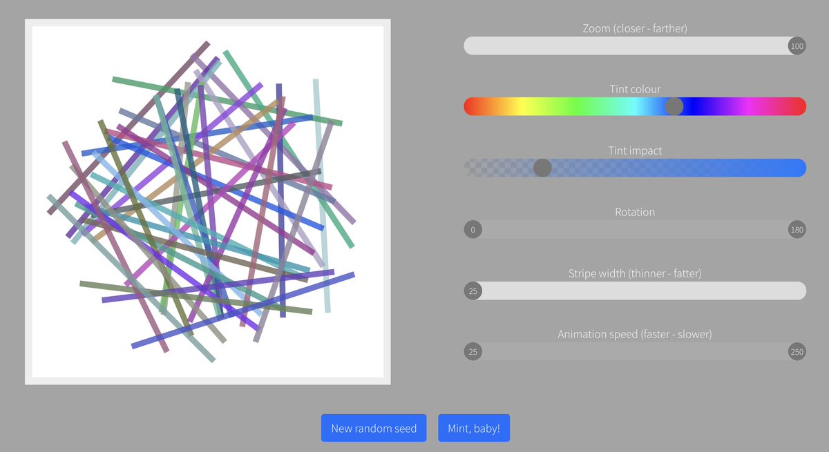 volstrate's tweet photo. New version of the DynaStripes beta is now online on Rinkeby testnet! Big improvements.. the colour tint that's applied to your stripes is now configurable. 😎 https://t.co/p1GAolMOBm Do me a favour and mint some stripes 😁 #NFT #generativenft #Ethereum https://t.co/z5eSshVBlq