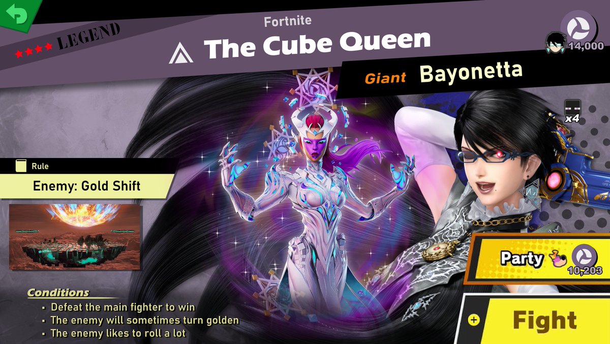 GaleemL's tweet photo. The Cube Queen Spirit

Fighter: Giant Bayonetta
Reinforcements: Enderman (x4)
Stage: Northern Cave
Song: The Final Battle: After the Transformation - Smash Ulitmate
Alt Song: The Queen's Anthem - Fortnite

#GaleemSpiritLibrary #smashbrosultimate #FortniteSeason8 #Fortnite https://t.co/Yt9qBQBPtC