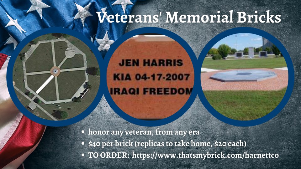 HarnettCounty's tweet photo. Remember a loved veteran by adding them to the Memorial Sidewalk at Veterans Memorial Park. Graphics can be added with up to 3 lines of text. $40 per brick; replicas $20 each. Order at https://t.co/66DO8YH2Bt or call 910-893-7574 for info. https://t.co/dKWxukKtSL