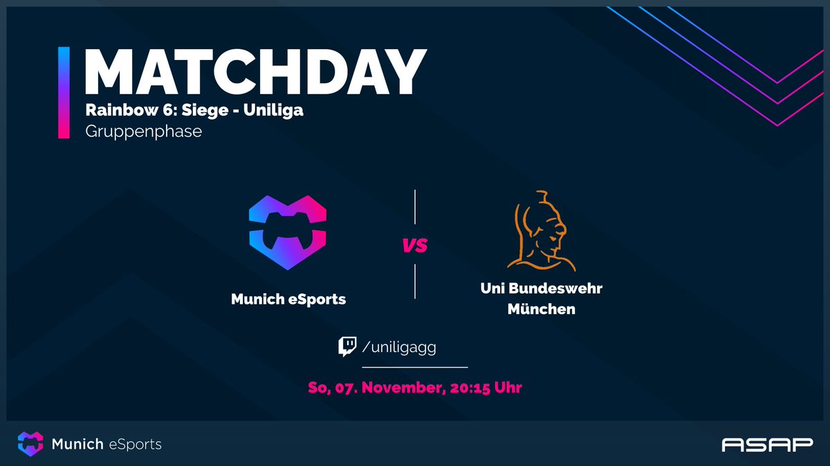 Nach den ersten zwei Spieltagen ist unser #rainbow6 Team ungeschlagen an der Tabellenspitze der <a href="/uniligaGG/">Uniliga</a> und muss sich heute im Münchner Derby behaupten, um dort zu bleiben.

⚔️Munich eSports vs. <a href="/esport_unibwm/">esport_unibwm</a>
🗓️heute, 20:15 Uhr
📺twitch.tv/uniligagg

#PlayYourHeartOut