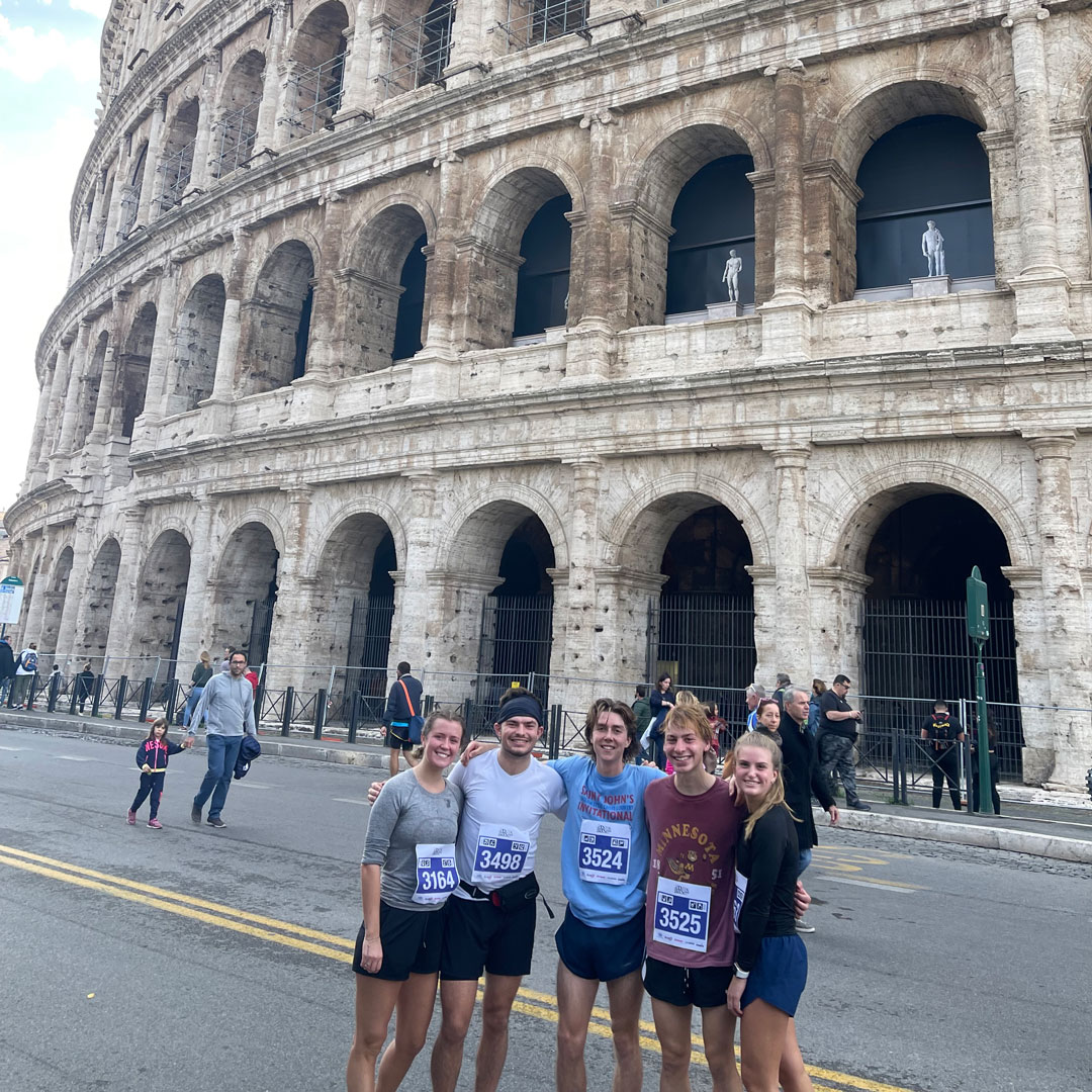 CSBSJU's tweet photo. Bennies and Johnnies on the run! A few students on our study abroad semester in Rome took on the Rome 10K 4Fun this weekend.

"I am grateful for this opportunity that CSB/SJU have given me to fully immerse myself into the Italian culture." ~ Averi Kessler '23 https://t.co/2otTEbIO8b