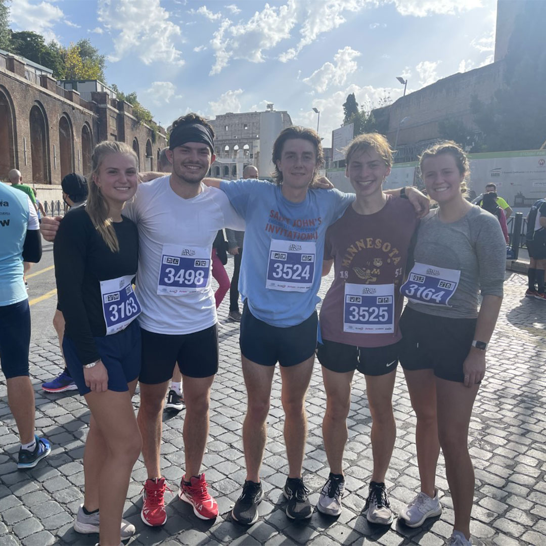 CSBSJU's tweet photo. Bennies and Johnnies on the run! A few students on our study abroad semester in Rome took on the Rome 10K 4Fun this weekend.

"I am grateful for this opportunity that CSB/SJU have given me to fully immerse myself into the Italian culture." ~ Averi Kessler '23 https://t.co/2otTEbIO8b
