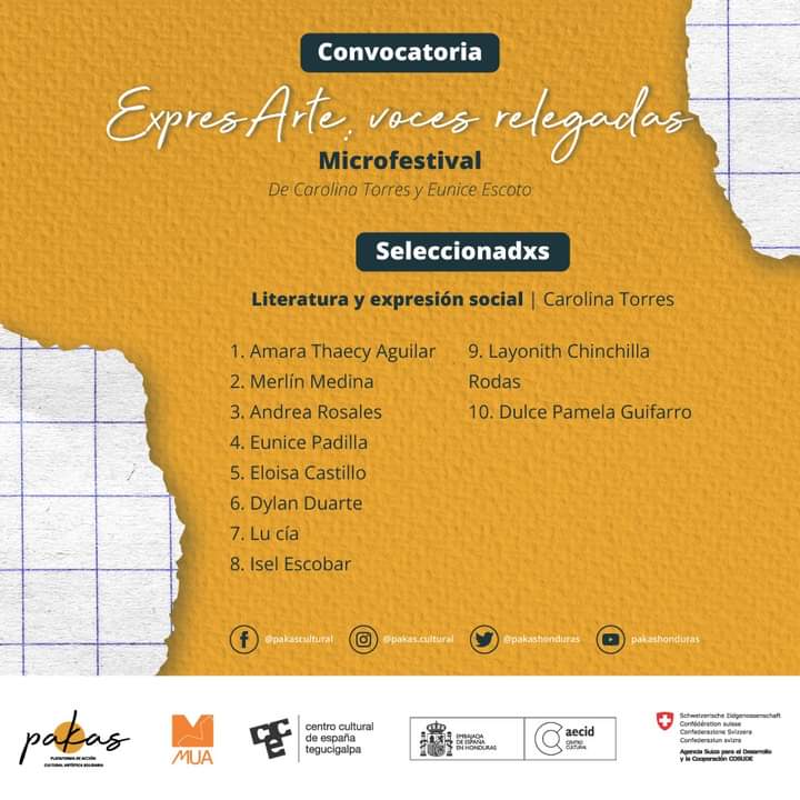carolinatorr3s's tweet photo. Lista de participantes para los talleres y el Microfestival ExpresArte: voces relegadas. 
💚🔥💜🤗🧡🥰 Hoy arrancamos con los primeros talleres. Que nervios y emoción. 🧡
#PAKAS
#Arte
#Literatura
#Pintura #Collage
#Danza
#Honduras https://t.co/bjyf3cNaBK