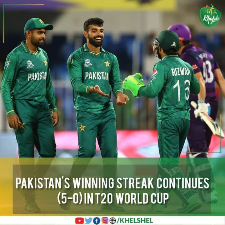 ayesha_mehmood's tweet photo. Congratulations team Pakistan🇵🇰

v 🇮🇳 won by 10 wickets
v 🇳🇿 won by 5 wickets
v 🇦🇫 won by  5 wickets
v 🇳🇦 won by 45 runs
v 🏴󠁧󠁢󠁳󠁣󠁴󠁿 won by 72 runs

Come on champs just 2 more than the world will admit that we are champions InshaaAllah
💚 🇵🇰 https://t.co/yK5jwRYsFp