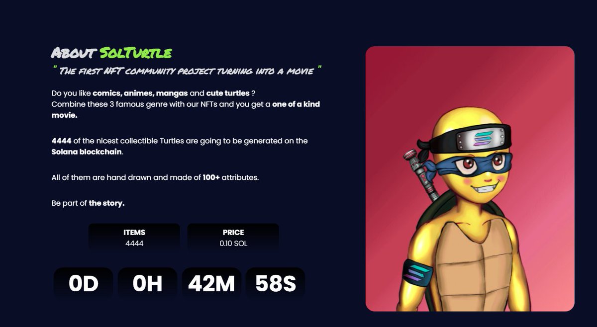 SolturtleNFT's tweet photo. MINT WILL BE LIVE IN 42 MINUTES (1ST WAVE🌊)

LET'S GO FRENS ! 🚀

#Solana #NFTs #nftcollector #SolTurtle #SolanaNFT https://t.co/DFssriLEGk