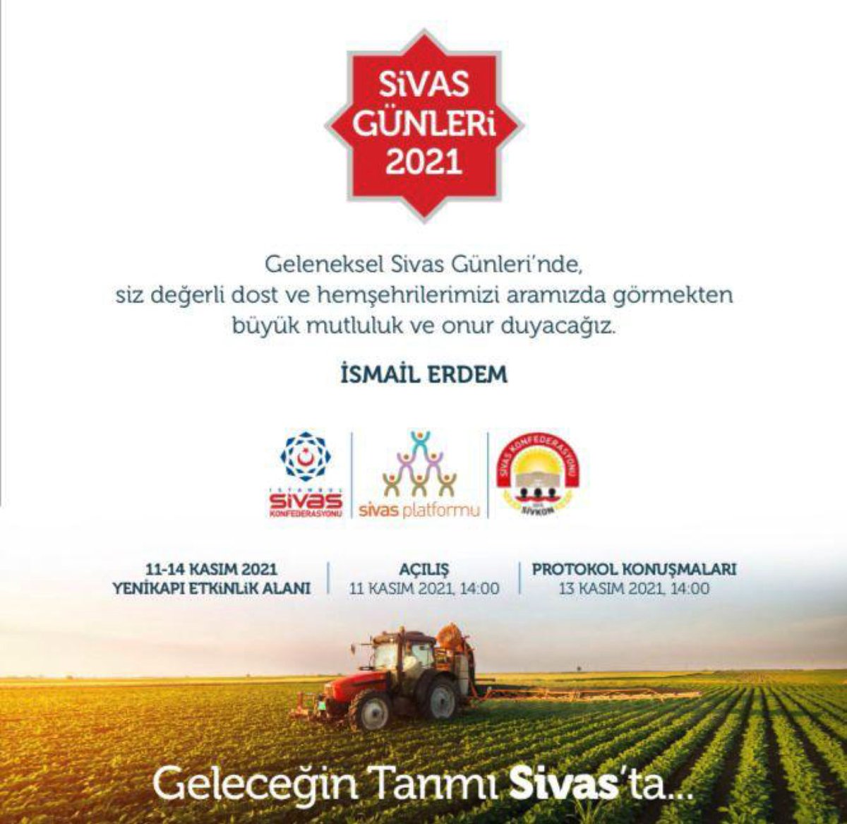 Sivas Tanıtım Günleri 11-14 Kasım Günlerinde Yenikapı Etkinlik Alanında Başlıyor. 

Tüm Halkımız Davetlidir. 

13 Kasım Cumartesi Saat 16:00 Koyulhisar Tanıtım Saati.