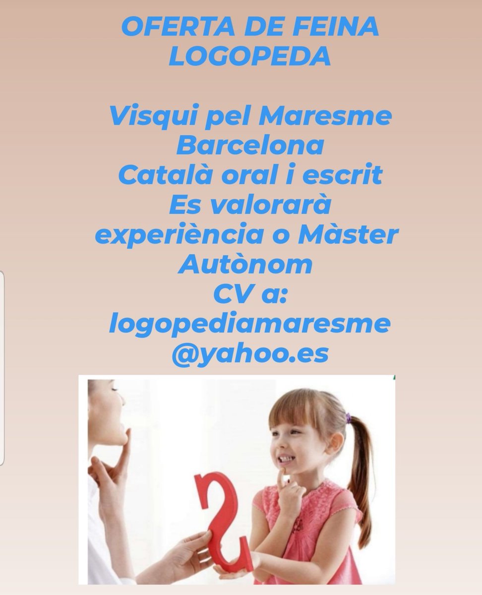 CILFVilassar's tweet photo. Oferta de treball.
#empleo #logopeda #maresme #vilassardemar #vdm https://t.co/rfOorReupK