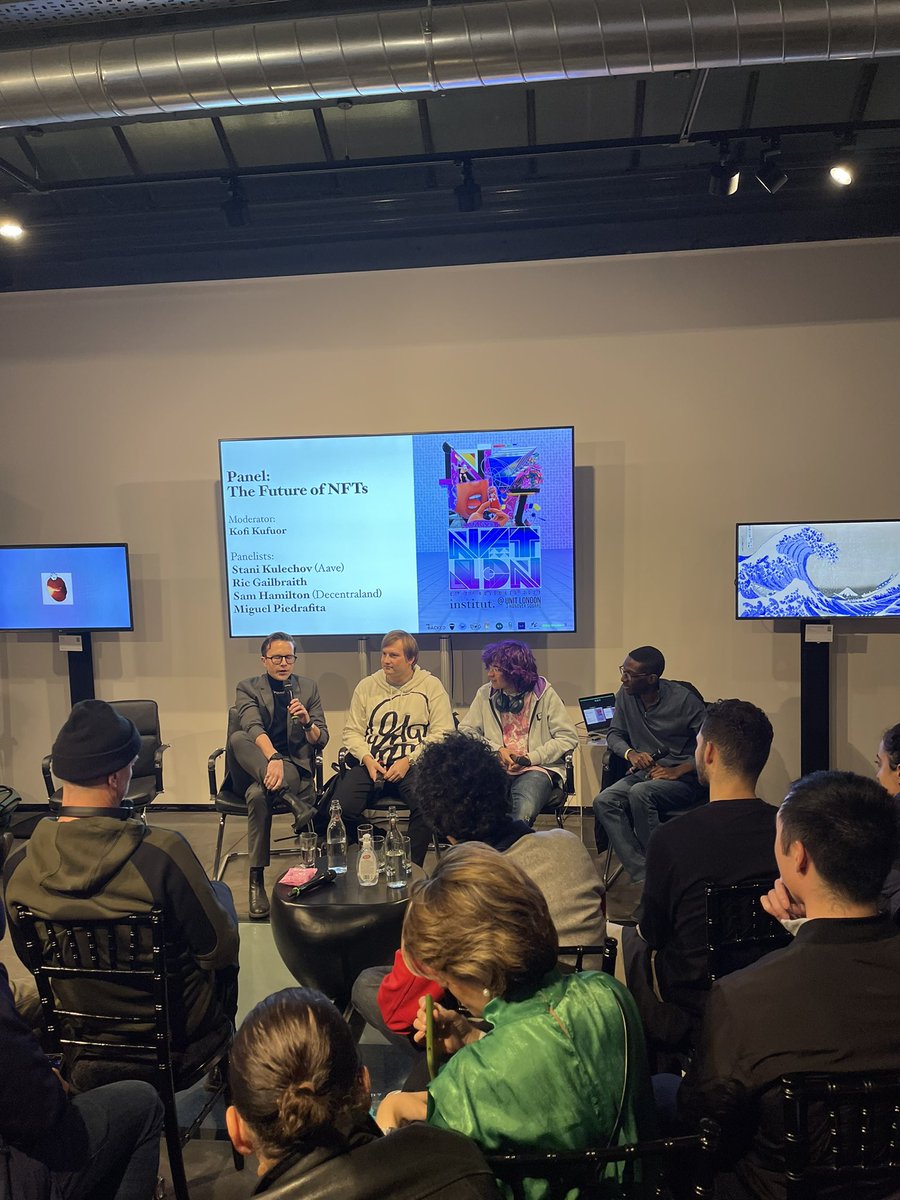 verticalcrypto's tweet photo. Last panel to close these two great days at @NFT_LDN : The Future of NFTs with @Nifty_Table , @ricgalbraith , @StaniKulechov , Sam H from @decentraland , and @m1guelpf https://t.co/10xVgL6r0Y