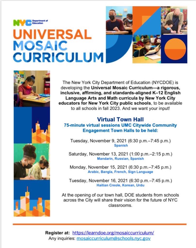 Attend the Universal Mosaic Curriculum Town Halls! Join us &amp; share your input! At the opening, NYC students will share their vision for the Mosaic curriculum! Register now! 
✅ learndoe.org/mosaiccurricul… ❓Any inquiries: mosaiccurriculum@schools.nyc.gov <a href="/NYCTCP/">Teacher Leadership NYC Public Schools</a> <a href="/NYCMultilingual/">Office of Multilingual Learners</a>