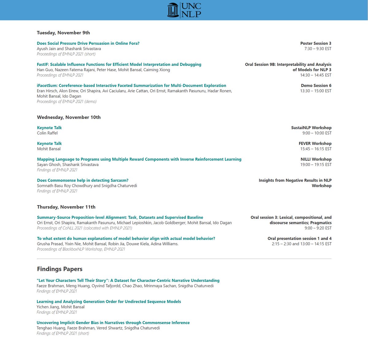 UNC NLP (@uncnlp) on Twitter photo Here is the full program from @UNCNLP+collaborators at #EMNLP2021 this week ➡️ nlp.cs.unc.edu/emnlp2021/
We're also 𝗵𝗶𝗿𝗶𝗻𝗴 𝗣𝗼𝘀𝘁𝗱𝗼𝗰𝘀+𝗣𝗵𝗗 𝘀𝘁𝘂𝗱𝗲𝗻𝘁𝘀! Plz spread the word & ping faculty <a href="/mohitban47/">Mohit Bansal</a> <a href="/snigdhac25/">Snigdha Chaturvedi</a> <a href="/colinraffel/">Colin Raffel</a> <a href="/shsriva/">Shashank Srivastava</a> +students for any questions😀 Here is the full program from @UNCNLP+collaborators at #EMNLP2021 this week ➡️ nlp.cs.unc.edu/emnlp2021/
We're also 𝗵𝗶𝗿𝗶𝗻𝗴 𝗣𝗼𝘀𝘁𝗱𝗼𝗰𝘀+𝗣𝗵𝗗 𝘀𝘁𝘂𝗱𝗲𝗻𝘁𝘀! Plz spread the word & ping faculty <a href="/mohitban47/">Mohit Bansal</a> <a href="/snigdhac25/">Snigdha Chaturvedi</a> <a href="/colinraffel/">Colin Raffel</a> <a href="/shsriva/">Shashank Srivastava</a> +students for any questions😀