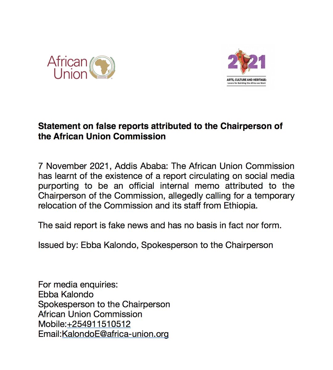 [Read] Statement on false reports attributed to the Chairperson of the African Union Commission @AUC_MoussaFaki @ au.int/en/pressreleas…