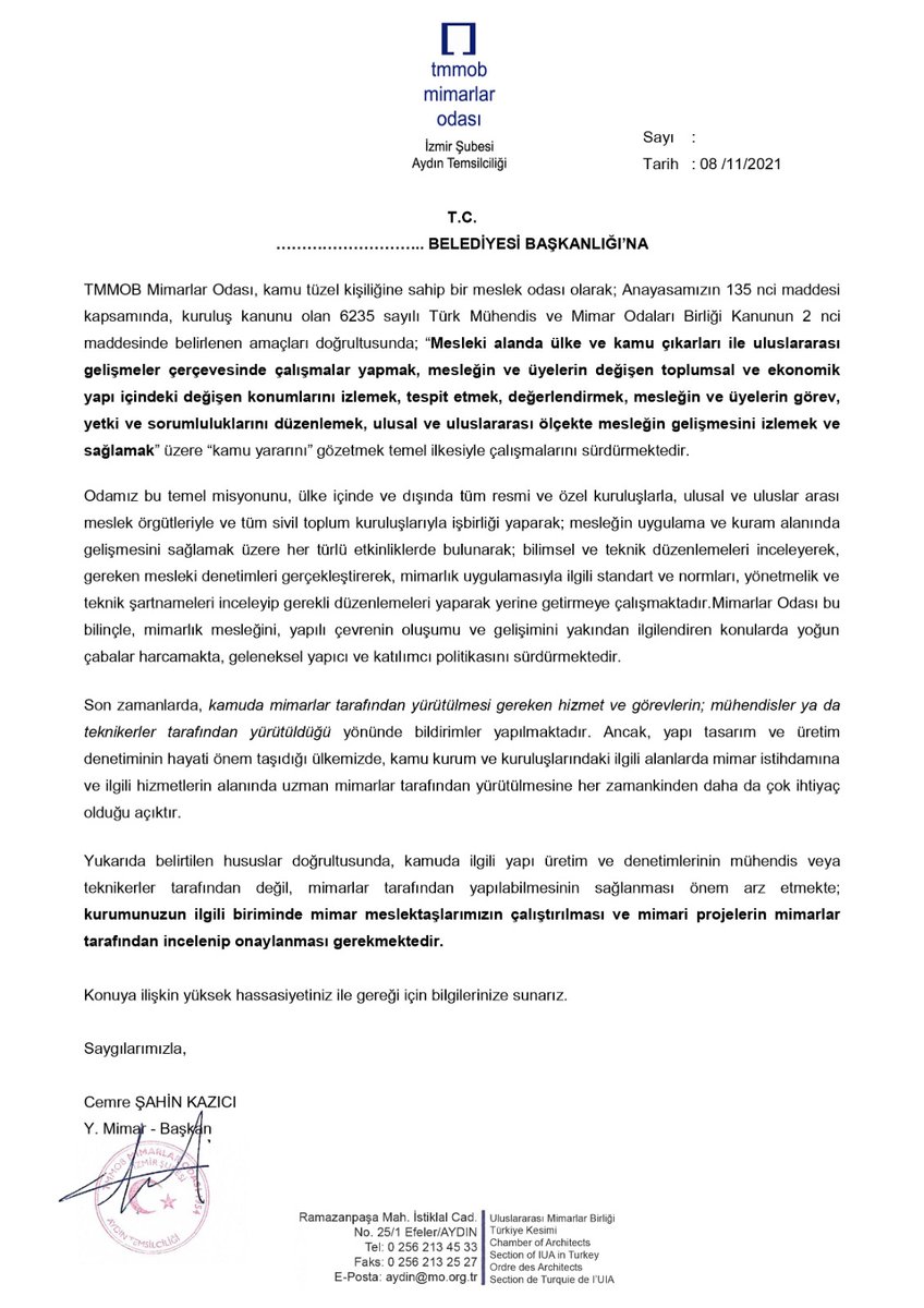 cemresahink's tweet photo. Mimari projelerin ve yapıların, tekniker ya da mühendis tarafından denetlendiği, bu sebeple vatandaşın hayatının tehlikeye atıldığı belediyelere mimar istihdamının gerektiğine ilişkin yazıyı gönderdik. Duyarlı Belediye Başkanlarımızın gerekeni yapacağına inanıyoruz. https://t.co/pIg2QtGaqV