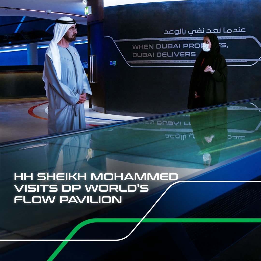 DPWorldUAE's tweet photo. DP World was honoured by the visit of His Highness Sheikh Mohammed bin Rashid Al Maktoum, Vice-President and Prime Minister of the UAE and Ruler of Dubai @HHShkMohd to DP World's Flow Pavilion.
@expo2020dubai
#BetterFuture #DPWorldAtExpo #PowerOfFlow https://t.co/3Brddt5Vmi