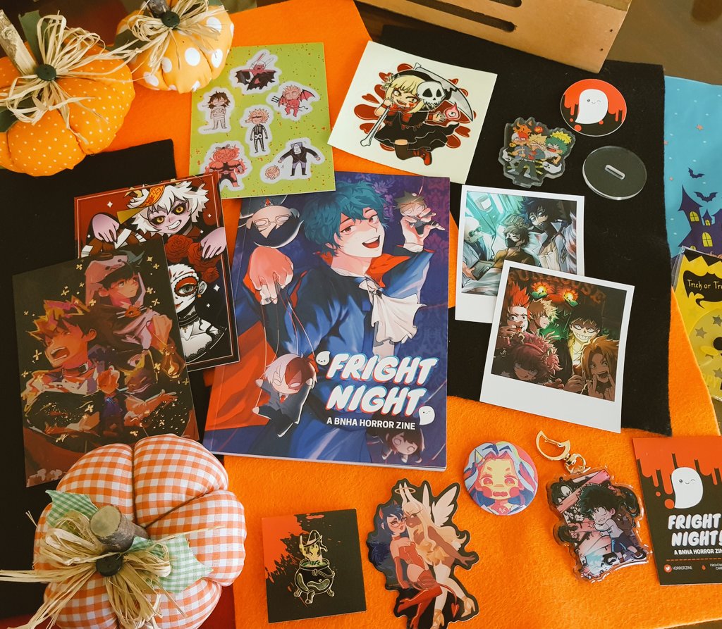 Look at this cool zine and merch 😍🎃💖!! Thank you <a href="/HorrorZine/">FRIGHT NIGHT (A BNHA Horror Zine) @ FINISHED</a> for everything 💖💖!!

⚠️ Leftover sales for this wonderful spooky zine are still on for a few more days. Don't miss out your chance to get your hands on it 🎃✨