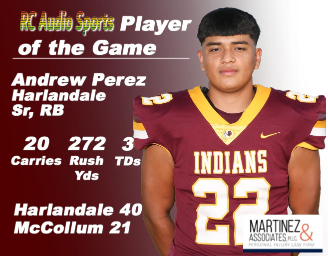 [CORRECTION: Andrew gained 272 yds, not 172. That makes him the no. 1 Frontier Bowl rusher among HHS RBs.]

Andrew Perez was the Player of the Game.

Martinez &amp; Associates PLLC  is a proud sponsor of RC Audio Sports &amp; high school sports.