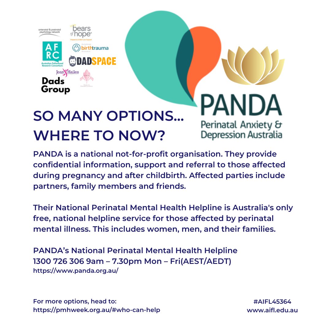 AIFLnews's tweet photo. This week: Help raise awareness about perinatal anxiety and depression #pmhweek2021 #perinatalmentalhealth
#selfcare #family #friends #mentalhealth #mentalhealthmatters #health #careers #careerchange #support #vetcourses #diversity #studyinaus #motivation #AIFL45364 https://t.co/NeWyfGDDc1