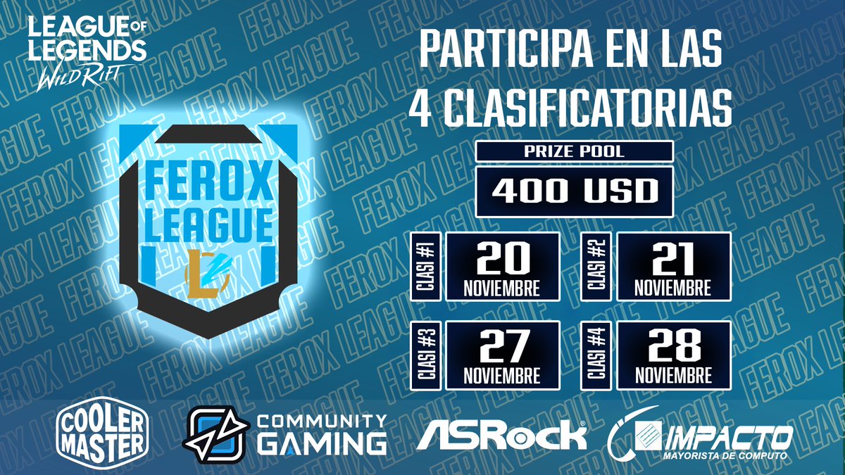 TORNEO FEROX LEAGUE #WILDRIFT

Con premios de hasta 400 USD y GRATUITO.
Sólo debes registrarte en los siguientes links.
Te esperamos !!

LAN:
20.11 : bit.ly/3BSLekD
21.11 : bit.ly/3BXWcoN

LAS:
27.11 : bit.ly/3EStKqy
28.11 : bit.ly/3CTVZ7J