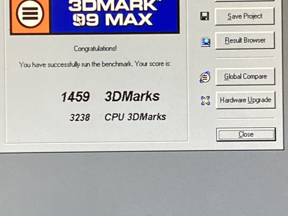 EricTheComputer's tweet photo. The #sockettome7 build 3DMark99 scores. The Nvidia driver is 12.41. The results are the same CPU and GPU. Only difference is the ram. First photo is with 384mb and the second photo is with 128mb. Talk about a facepalm moment. https://t.co/MBKeyzkjRB