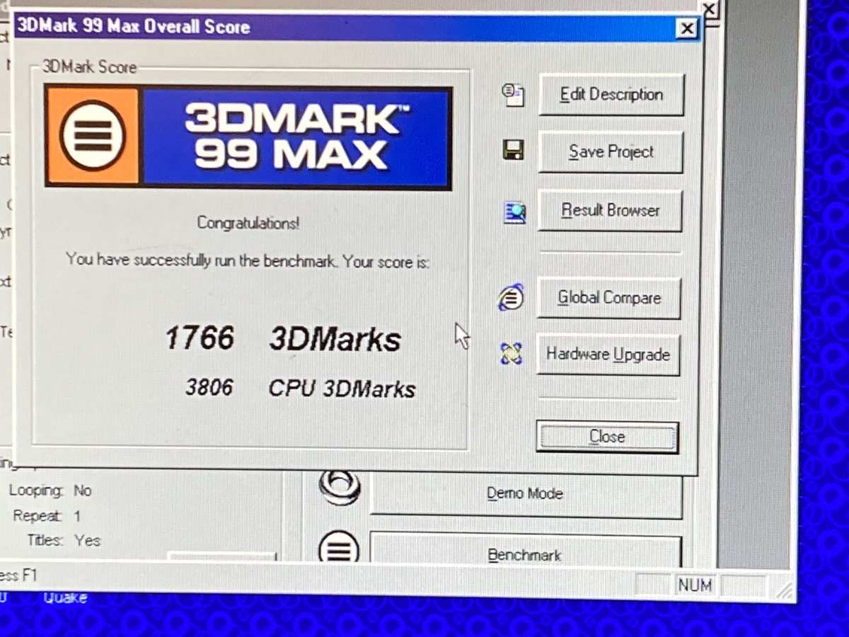 EricTheComputer's tweet photo. The #sockettome7 build 3DMark99 scores. The Nvidia driver is 12.41. The results are the same CPU and GPU. Only difference is the ram. First photo is with 384mb and the second photo is with 128mb. Talk about a facepalm moment. https://t.co/MBKeyzkjRB