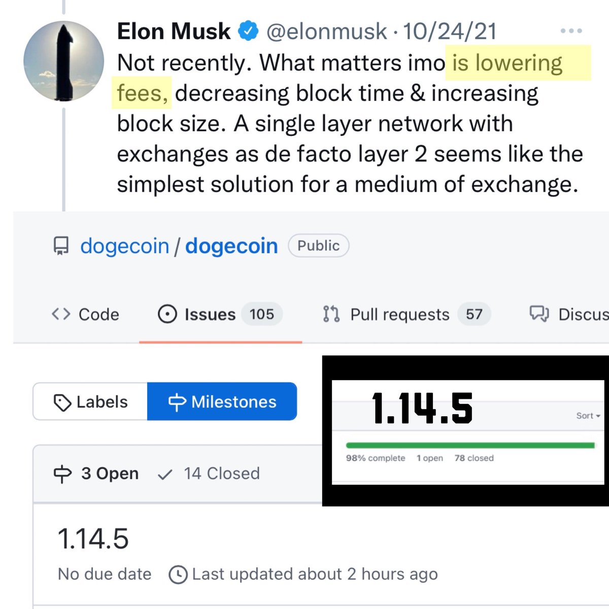 TDogewhisperer's tweet photo. Who’s excited for the upcoming #dogecoin update?

I know @elonmusk is 😝

1.14.5 is 98% done. 

Transaction fees will be so darn cheap! https://t.co/gsQdg2Jl99