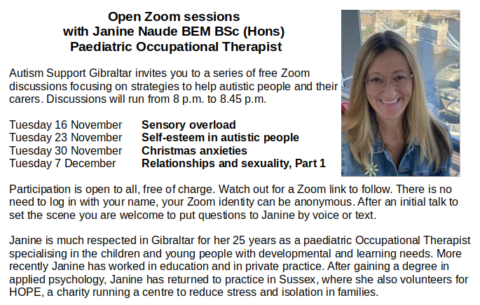 AutismSupportGi's tweet photo. We're delighted to host Janine Naude over the coming weeks as she discusses topics of concern to autistic people. Please join us - all welcome - and please RT! https://t.co/A1K6RsZAJe