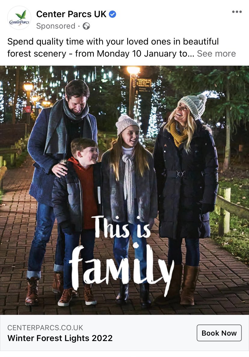 RebeccaNewmanUK's tweet photo. Hey @CenterParcsUK 
Widowed parent here!
Do you think this slogan ‘This is family’ is really appropriate advertising for social media?
I’m used to having to scroll past happy families on social media, or look away in real life, but this slogan was a slap in the face. 
It’s 2021! https://t.co/Deh5fpScnn