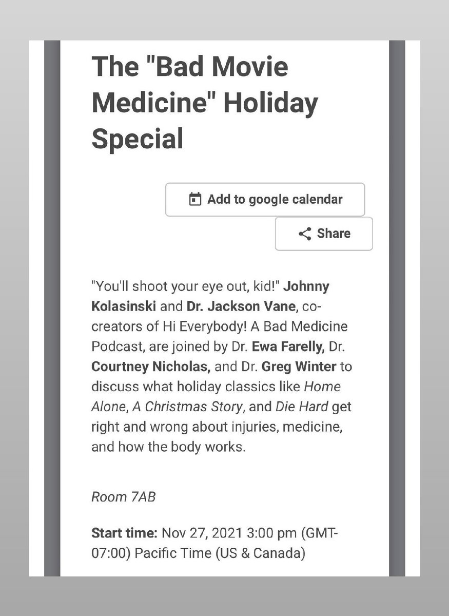 hieverybodyMD's tweet photo. #SDCC is back and so are we! See you in a few weeks in San Diego for the "Bad Movie Medicine Holiday Special!"

"You'll shoot your eye out, kid!" We'll discuss what holiday classics like Home Alone, A Christmas Story, and Die Hard get right and wrong about injuries &amp; medicine. https://t.co/NgJn883aPH