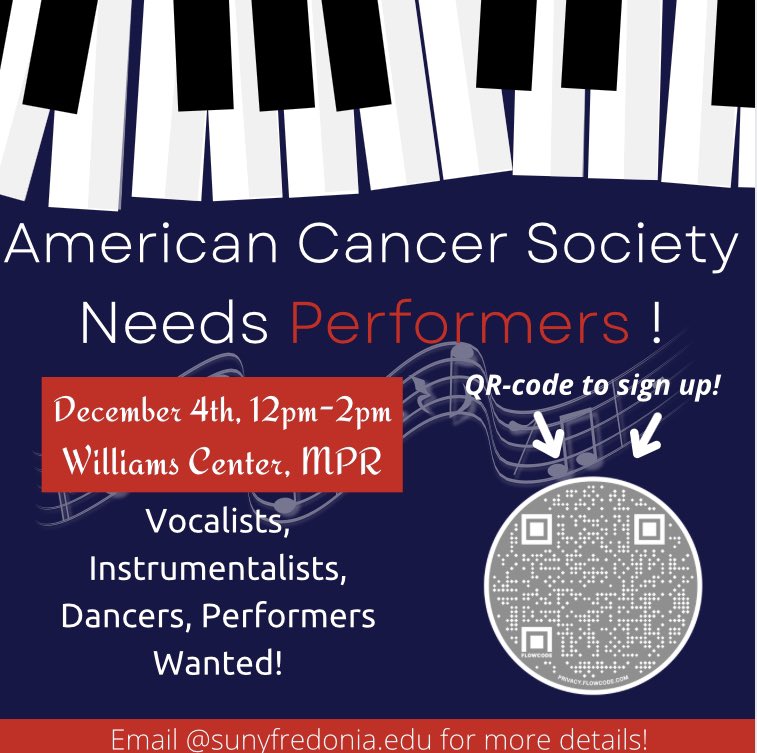 FredoniaRelay's tweet photo. PERFORMERS NEEDED ‼️‼️ We will be holding a Holiday-Themed Performing Event to Raise Funds and Awareness for Cancer! 🎼💃December 4th, 12-2pm, Williams Center, MPR 💜💜 Want to be part of it? https://t.co/LNi6b6BCWK