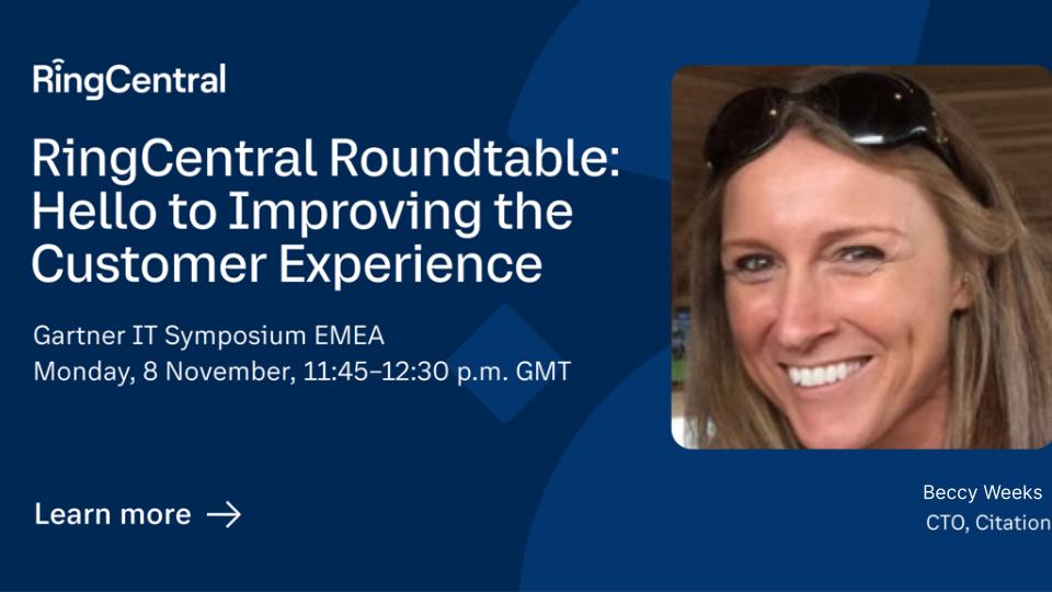 RingCentralUK's tweet photo. Gartner IT Symposium EMEA kicks off tomorrow! Join CTO of Citation @beccy_weeks &amp; our own @GarethJohns for an exclusive roundtable all about the route to better #CX https://t.co/I50uZwfnjl #GartnerSYM https://t.co/BtylmB8vXI