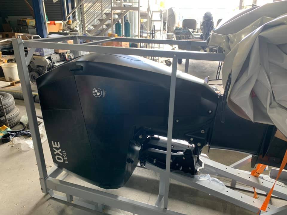 btb_marine's tweet photo. 300hp of @OXEDiesel outboard engine awesomeness! Possibly the first 300hp model to arrive in Australia. and it's right here at @btb_marine in Hervey Bay. Saving the planet, one boat at a time! #sustainabilitymatters #loweremissions #lowerfuelconsumption #dieseloutboard https://t.co/h72hqXE1HZ