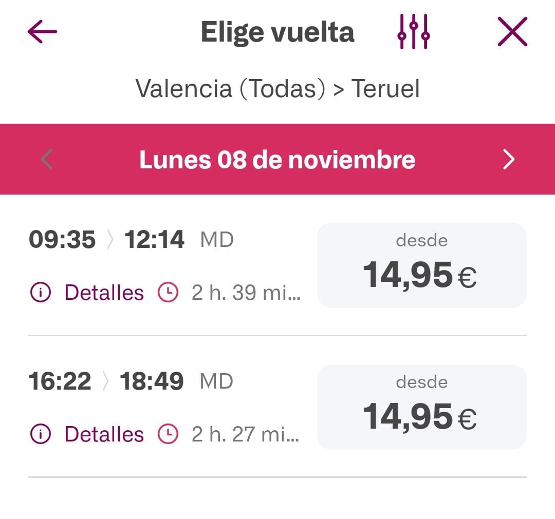 Juderias's tweet photo. 'El problema del tren Teruel-Valencia para dummies'. Si quieres ir a pasar el día a Valencia tienes que coger un tren a las 10.49 (llega a las 13.23) y la vuelta es a las 16.22. Es decir, solo pasas tres horas en Valencia. 👇 https://t.co/WdMae9bw8O