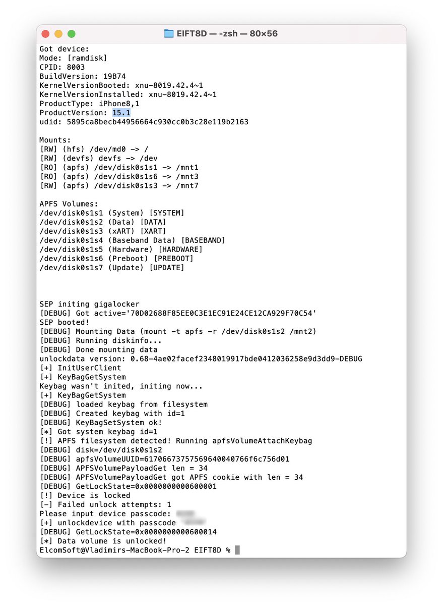 iOS 15 + #checkm8 + Elcomsoft iOS Forensic Toolkit = full file system acquisition ❤️ (eta son) #dfir #apple #ios15