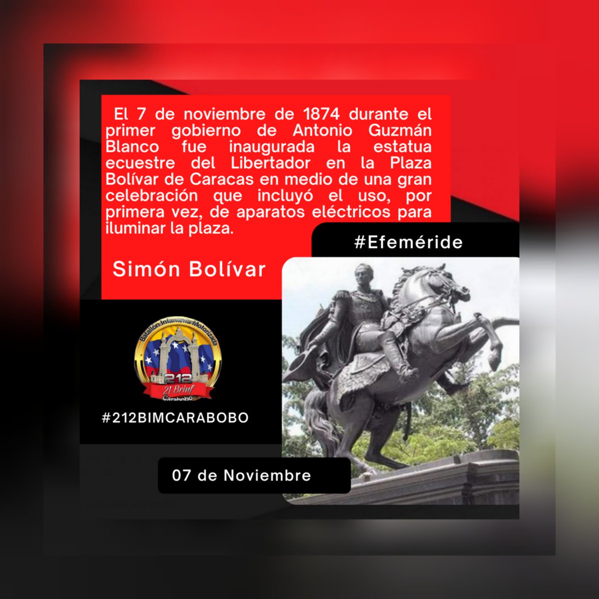 212carabobo1's tweet photo. #Efeméride. El #07deNov de 1874 durante el primer gobierno de Antonio Guzmán Blanco fue inaugurada la estatua ecuestre del Libertador en la Plaza Bolívar de Caracas en medio de una gran celebración que incluyó el uso, por primera vez, de aparatos eléctricos para iluminar la plaza https://t.co/4tYrASrBEw