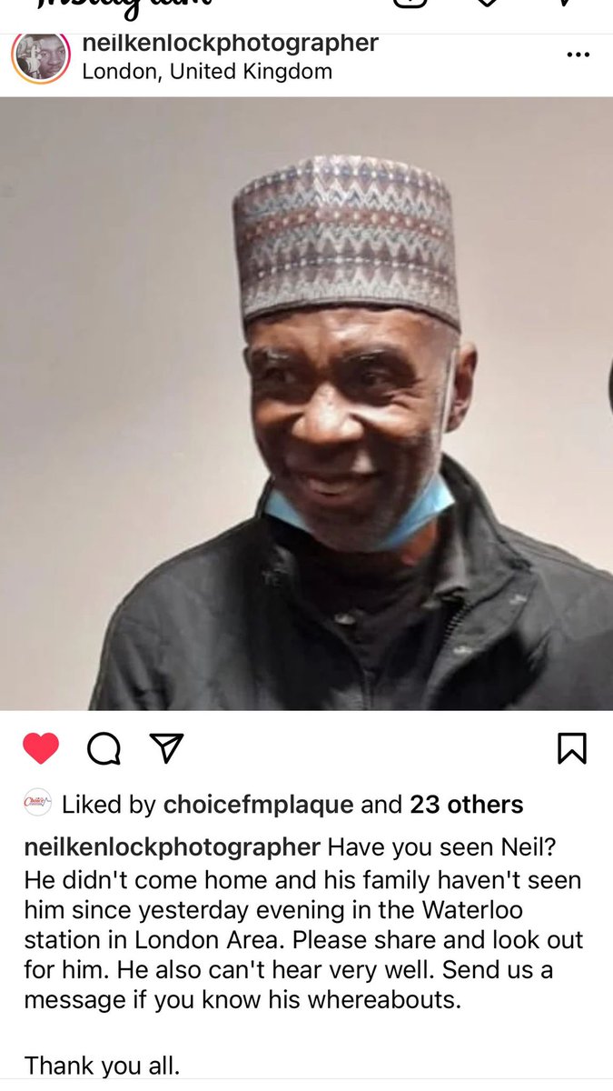 Errol Murray (@errolmurray) on Twitter photo <a href="/BBCLondonNews/">BBC London</a> NEIL KENLOCK aged 71 is missing. As well as being the Black Panther’s official photographer he launched *Root*, the first glossy for Britain’s black community co-founded Choice FM, the first legal UK radio station devoted to black music.
Contact <a href="/ChoiceFMPlaque/">ChoiceFMPlaque</a> <a href="/BBCLondonNews/">BBC London</a> NEIL KENLOCK aged 71 is missing. As well as being the Black Panther’s official photographer he launched *Root*, the first glossy for Britain’s black community co-founded Choice FM, the first legal UK radio station devoted to black music.
Contact <a href="/ChoiceFMPlaque/">ChoiceFMPlaque</a>