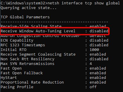 phyronnaz's tweet photo. If you're getting slow speed over Perforce, make sure windows didn't disable Window Scaling

I was able to go from 2.5Mbps to 600Mbps thanks to this, despite a 200ms ping :)

First, run netsh interface tcp show global in cmd

1/3 https://t.co/zAe9oKBLXA