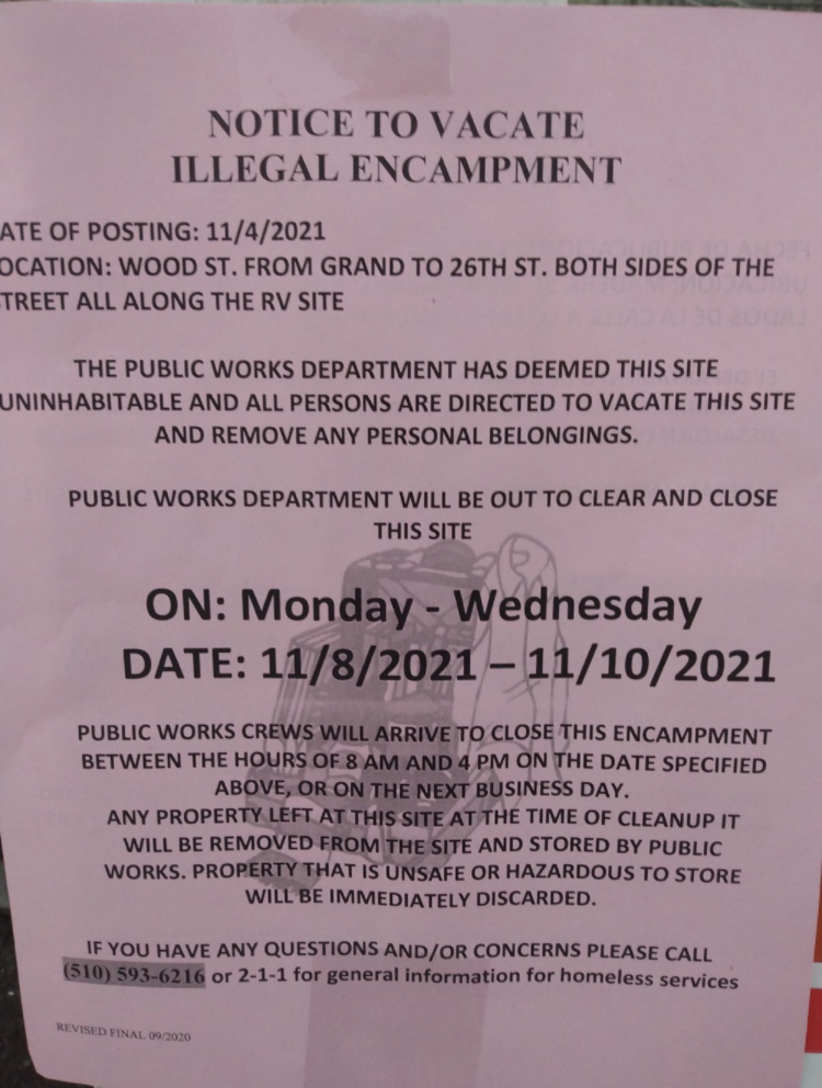 ZZZZZZZZZZZack's tweet photo. 1/ There could be a homeless eviction starting tomorrow on Wood Street. It's unclear to me. This eviction notice was posted, but nothing's listed on Oakland Homeless Encampment Clean-up Schedule. I heard word 2nd hand from a city worker West Grand-24th is set to be cleared but... https://t.co/ut2WMd4cyO