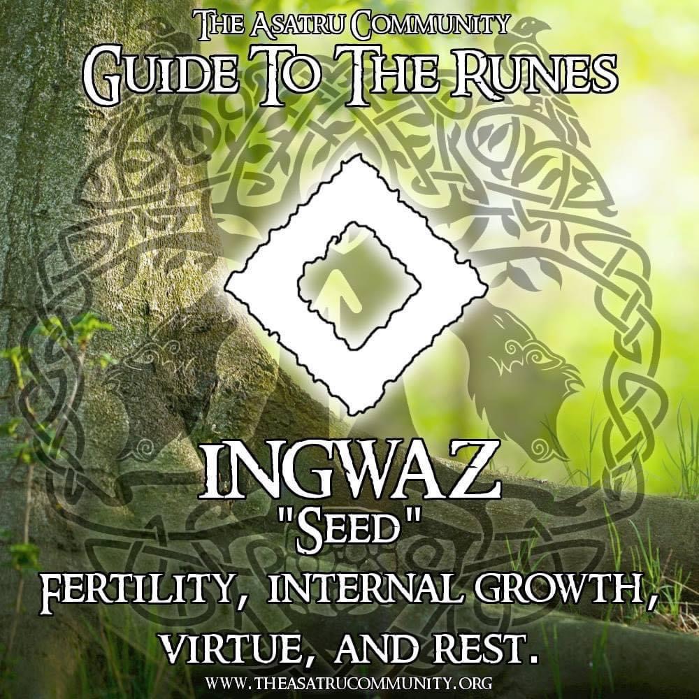 AsatruCommunity's tweet photo. Ingwaz
“Seed”
Fertility, Internal Growth, Virtue, and Rest.

Pronunciation: “eeeng-wawz"

*Disclaimer: TAC in no way condones or supports the use of these runes for hate speech or any other harmful purposes. https://t.co/DGnrNzztWe