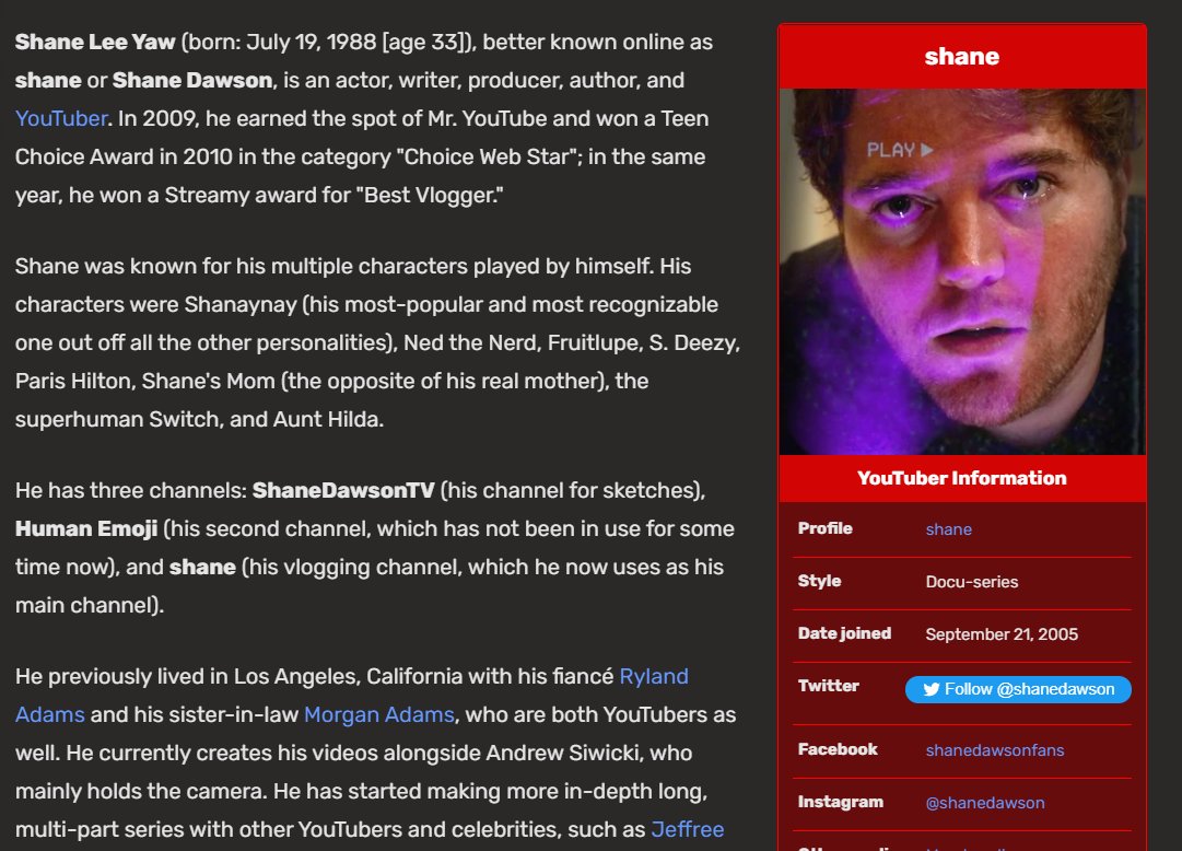 akw0531's tweet photo. Depending on how recognizable and successful Youtubers are, wikis are a great way to collect data. It helps get a brief bio of the creator, their successes, their downfall, and more! #engl318mu https://t.co/bnQkHOWR0z